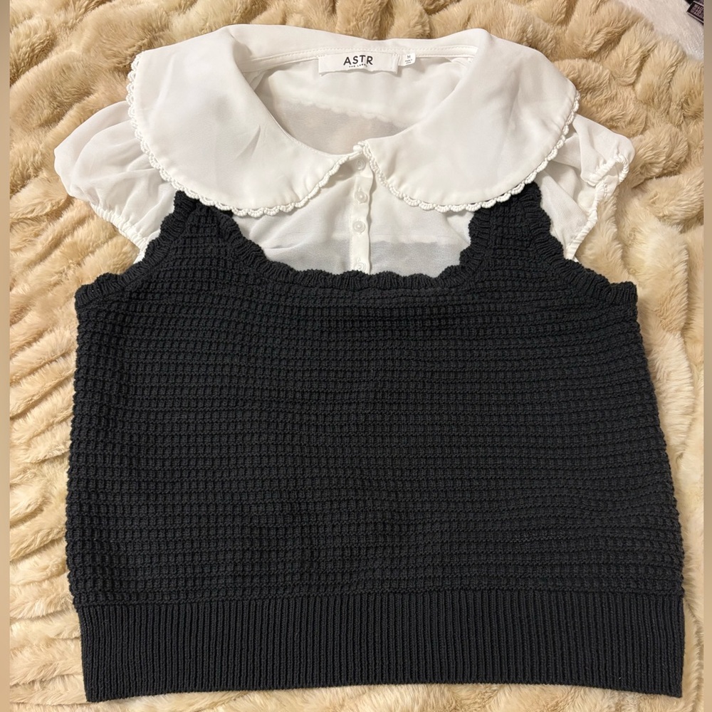 Astr Black Knit Top with White Collar